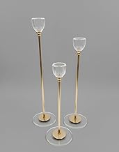 Premuim Quality Elegant Crystal Glass Candle Holder Set, Gold Metal Stand, 3-Piece Decorative Taper Candlesticks with Clear Glass Cups 33/28/23 cm