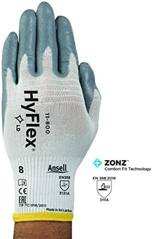 Ansell HyFlex 11-800, Wielofunkcyjne rękawice robocze, Rękawice mechaniczne z ulepszoną technologią chwytania i komfortu, rozmiar Szare, Białe, rozmiar M (12 pary)