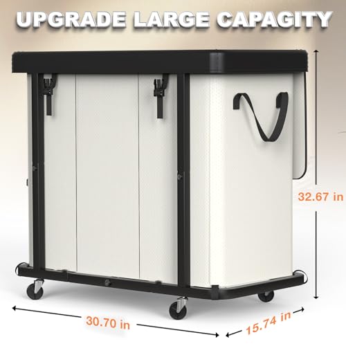 Image of 230L (60 Gal) Large Fashion Laundry Basket with Wheels, Leather Patchwork Laundry Sorter 3 Section, Sturdy Metal Frame, Removable Washable Bag, Tall Clothes Sorter for Bedroom - Beige