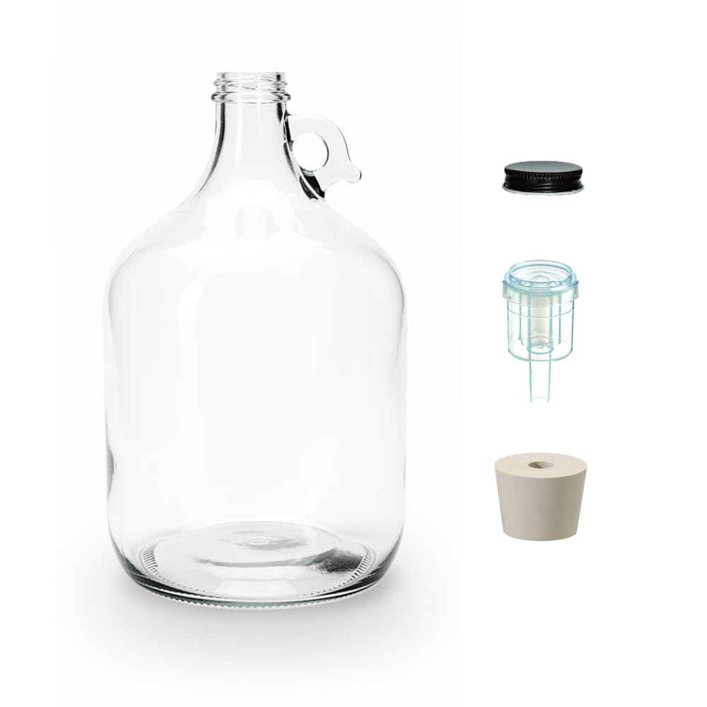 North Mountain Supply 1 Gallon Glass Fermenting Jug Kit with Large 2-Piece Airlock, #6.5 Drilled Stopper & Black Metal Lid | for Wine, Beer, Kombucha & Mead Brewing