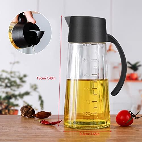 Oil Dispenser 650 ml Auto Flip Olive Oil Glass Bottle Glass Oil Pots with Non-Slip Handle Non-Drip Spout for Kitchen Cooking and BBQ(Black)