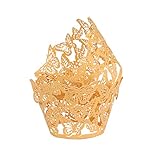 DriewWedding 50PCs Butterfly Pattern Hollow Artistic Bake Cake Cupcake Wrappers Paper Cups Liner for Wedding Birthday Tea Party Baby Shower Food Decoration (Gold)