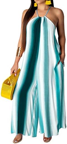 BestGirl Women's Casual Loose Plus Size Jumpsuits Stripe Print Spaghetti Strap Wide Leg Pants with Pockets Large Multicolored-7