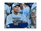 Dave Roberts Autographed 8x10 Photo Standing Next To Trophy Dodgers Beckett