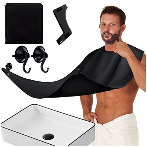 Teekerwan Beard Apron Cape, Beard Bib Beard Apron with Professional Shaving Comb Clippings Catcher, Adjustable Neckline Waterproof Beard Cape Grooming Cape, Best Gift for Men (BlackA)