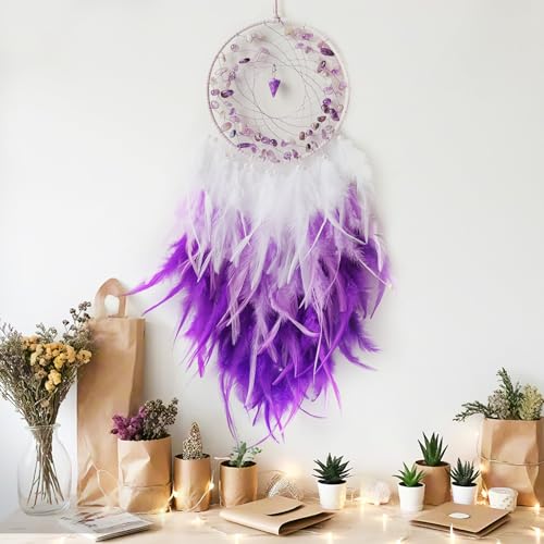 Purple Dream Catcher Wall Decor Feather Dream Catchers with Crystal Pendant Handmade Dreamcatcher Wall Hanging Ornament for Bedroom Living Room Home Decor - Image 3