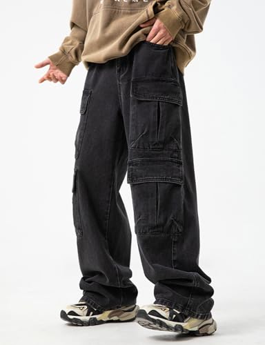 Men's Loose Cargo Pants Mulit Pockets Straight Leg Denim Jeans Casual Trousers4