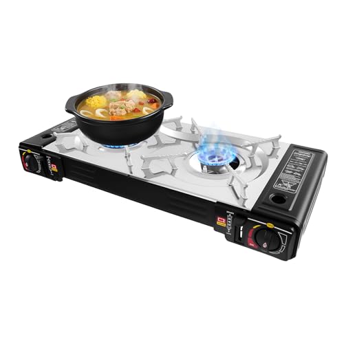 Set 2 in 1 per barbecue a gas da campeggio, a 2 luci, con piastra, accensione piezoelettrica automatica, fornello da campeggio per butano o gas, 2500 W