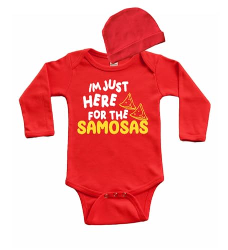 PandoraTees Funny Indian Baby Outfit, Long sleeve Bodysuit and Cap Gift set - Im here for the Samosas (Red, 0-3 Months)