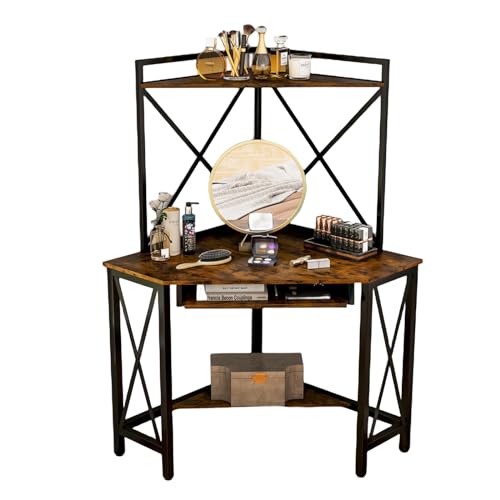 LIFEZEAL Scrivania triangolare, tavolo per computer con ripiani e vassoio per tastiera, scrivania angolare con presa e porta di ricarica USB per ufficio e studio (marrone)