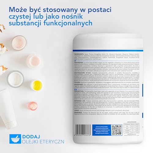AIESI® Hydrophilowy krem bazowy z witaminą E (1 kg), Nawilżający regenerujący krem do twarzy i ciała do skóry suchej, Do użytku farmaceutycznego, kosmetycznego i dermatologicznego, Made in Italy