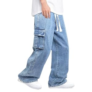 Mens Baggy Jeans Elastic Waisted Denim Pants for Men with Drawstring Streetwear
