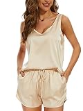 Picture of MOYEE Womens Silk Pajamas Set Satin Sleepwear Tank Tops and Loungewear Shorts Two Piece Pj Sets with Pockets(Champagne, Large)