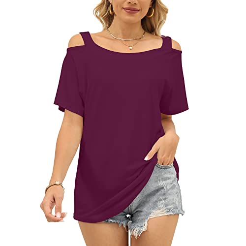 Besfly Womens Tshirts Plain Cold Shoulder Tops Curved Hem Tees Blouse Purple Xl #TOP16
