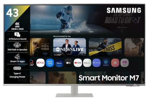 Samsung 43"(1.08m) 4K M7 Vision AI Smart Monitor|UHD 3840 x 2160|Smart TV Experience with AI|Type-C|Apple AirPlay|Gaming Bar|Remote|Speakers|Wi-Fi|Bluetooth|AI Picture & Sound|LS43FM701UWXXL|White