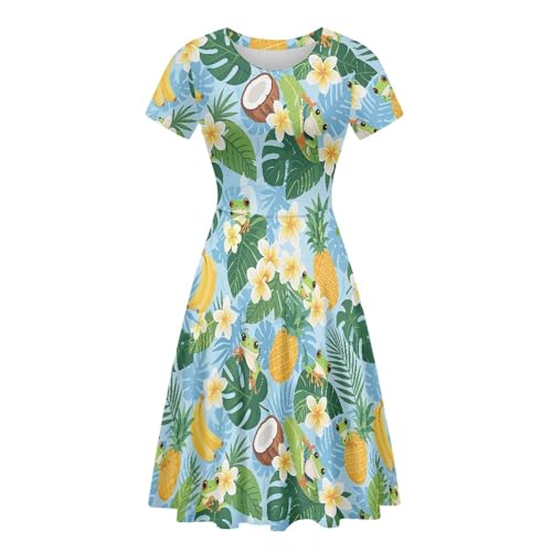 Image of Forchrinse Frog Dresses for Women Plus Size Hawaiian Monstera Crewncek Midi Dress Casual Short Sleeve A Line Dress Summer Beach Sundress Size S-4XL