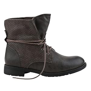 stiefelparadies Damen Schuhe Schnürstiefeletten Profilsohle Leder-Optik Stiefeletten 144217 Dunkelgrau Snake 39 Flandell