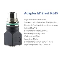 Lonlonty M12 4-Polig D-Code Buchse auf RJ45 Buchse Adapter Cat6 IP68 – Ansicht 5