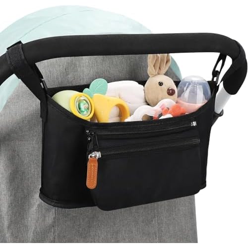 Universal Stroller Organiser with Insulated Cup Holders, Black Pram Caddy Bag, Machine Washable Baby Stroller Storage Accessory