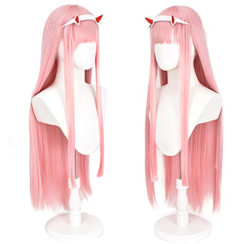 Soyusunny Long Pink Straight Cosplay Wig Costume Halloween Wigs for Women With Headband