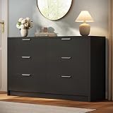 MapleGrace 53" Wide 6 Drawer Dresser for Bedroom, Modern Simple Wood Dresser Chest of Drawers Closet Store Organizer for Living Room, Hallway (Black, 15.4" D x 53.1" W x 30.9" H (6 Drawers))
