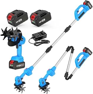 Générique Cultivateur électrique sans Fil 21V, 115 mm de Largeur x 110 mm, poignée réglable avec 2 Piles, rotuleuse à Main Pliable pour l'usinage de pelouse et Le désodation des sols