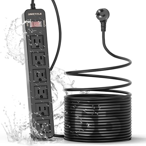 Unistyle 65FT Long-Reach Outdoor Power Strip (IPX4 Splash Proof & Weather-Resistant Cover), ETL Certified, 1700J Surge Protection with 6 AC Outlets, Extension Cord for Christmas Lights, Camping, Pool