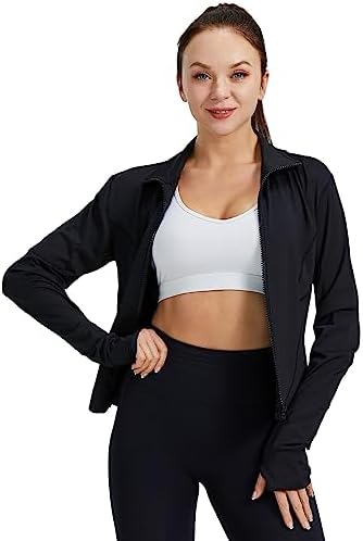 Women Workout Running Track Jacket Full Zip up Slim Fit Yoga Sports Athletic Jacket with Thumb Holes Black