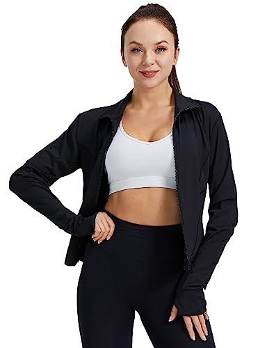 Women Workout Running Track Jacket Full Zip Up Slim Fit Yoga Sports Athletic Jacket With Thumb Holes Black #TOP24