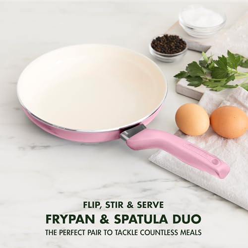 Image of GreenPan Rio Healthy Ceramic Nonstick 8 inch Frying Pan Skillet and Silicone Spatula Set, Soft Grip Handle, Breaktfast Meal Set, PFAS-Free, Dishwasher Safe, Oven Safe, Pink