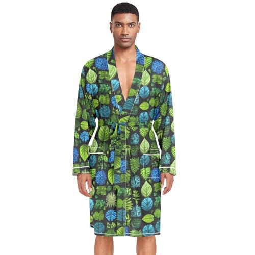Men’s Robe Leaf Pattern Print, Long Sleeve Bathrobe for Sleep Shower-M