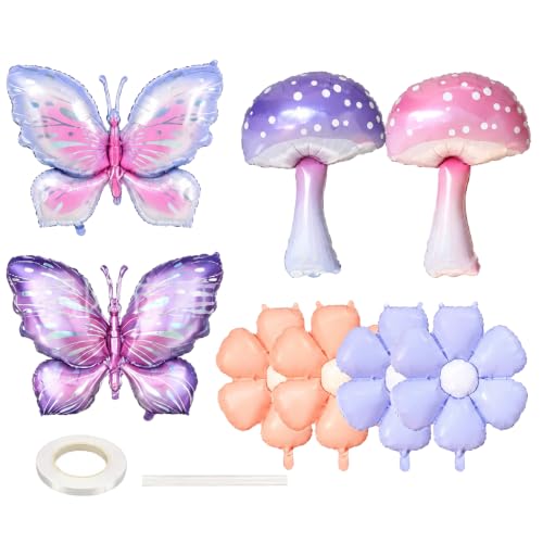 Image of 8 Pack Butterfly Mushroom Flower Balloons Fairy Garden Party Decorations