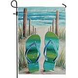 Bandera de jardín de playa de verano, bandera de jardín de arena verde y azul, pancarta de decoración al aire libre, arpillera de doble cara, decoración de césped para fiestas de vacaciones, 12 x 18