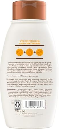 Aveeno Apple Cider Vinegar Sulfate-Free Conditioner for Balance & High Shine, Daily Moisturizing & Scalp Soothing Conditioner for Oily or Dull Hair, Paraben & Dye-Free, 12oz (Pack of 2)