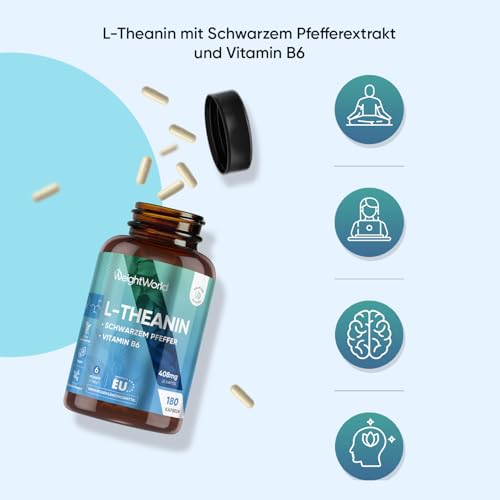 L Theanin, 408 mg je Kapseln - 180 Vegane Kapseln - 6 Monate Vorrat - Mit Schwarzer Pfeffer Extrakt & Vitamin B6 - L-Theanine aus Camellia Sinensis - Täglich 1 pro Tag - Glutenfrei - WeightWorld