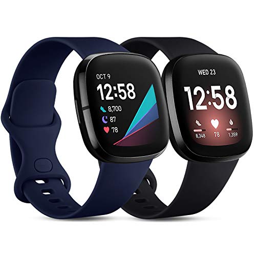 CeMiKa 2 Pack Armband Kompatibel mit Fitbit Versa 3 Armband/Fitbit Sense Armband, Sanft Ersatz Sport Armband Kompatibel mit Fitbit Versa 3/Sense für Frauen Männer, Klein Schwarz/Blau Cover