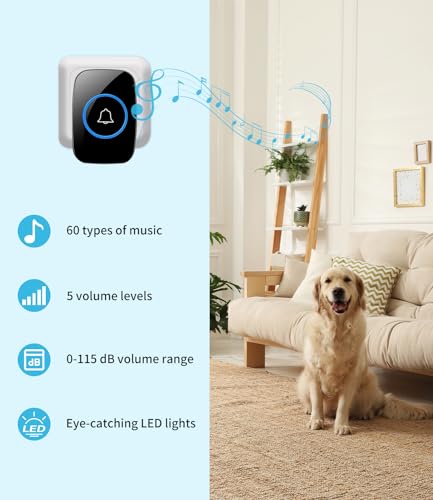 JOFLVA Funkklingel, Mit Batterie Doorbell 300M Reichweite Ip55 Wasserdicht Elektronische Türglocken Türgong, 60 Melodien Mit Led-Blitz,5 Lautstärkestufen Klingeltaster, schwarz Funk-Türklingel-Set.