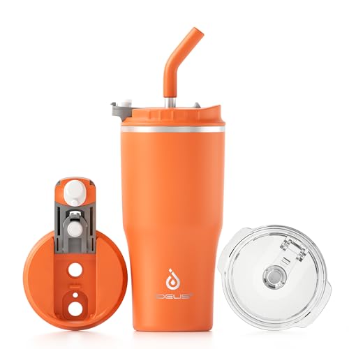 Ideus Isolierbecher 18oz (540ml), Doppelwandige Kaffeetasse Edelstahl Kaffeebecher Reisebecher mit auslaufsicherer Abdeckung und Stroh, geeignet für heiße und kalte Getränke (Orange)