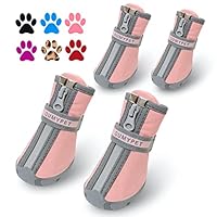 QUMY Dog Shoes for Small Dog, Puppy Dog Boots & Paw Protectors for Winter Snow Day, Summer Hot Pavement, Waterproof in Rain Weather, Ourdoor Hiking, Indoor Hardfloors with Non-slip Sole Pink Size 4