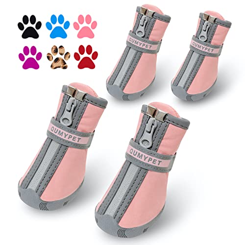 QUMY Dog Shoes for Small Dogs, Puppy Dog Boots & Paw Protectors for Winter Snowy Day, Summer Hot Pavement, Waterproof in Rainy Weather, Ourdoor Walking, Indoor Hardfloors Skid-Resistant Sole Pink 5 by QUMY - Used condition - US$18.32