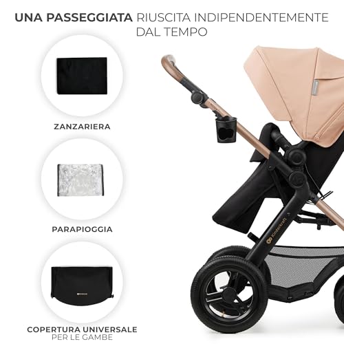 Kinderkraft MOOV2 Trio Passeggino Neonati 3 In 1 Fino 26 Kg, Con Ovetto I-SIZE 40-75 Cm, Carrozzina Reversibile Fronte Mamma E Strada, Schienale Regolabile, Ruote Gonfiabili, Beige - 17