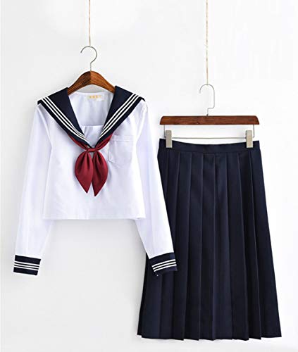 【まるこの猫柳】紺色の襟 セーラー服 長袖 半袖 白い 紺 ロングスカート コスプレ 学園祭 文化祭 仮装 本格制服 5点セット 靴下付き (長袖セットB, M)