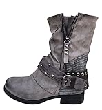  Damen Stiefeletten Biker Boots Stiefel mit Nieten Frauen Schuhe Blockabsatz Herbst Winter Bequeme Schuhe Schnallen - ST04 - Grau - Größe 38