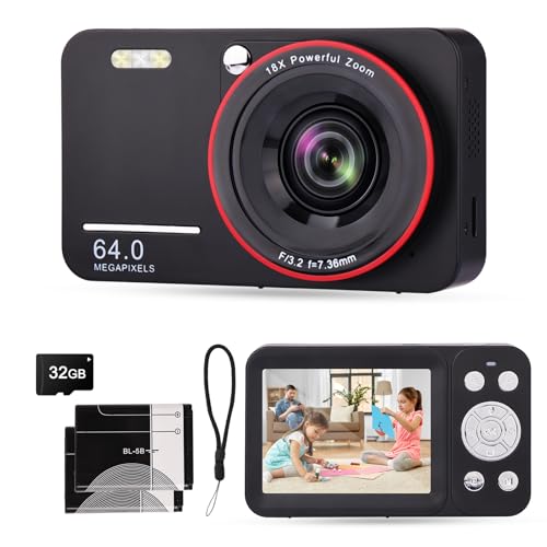4K Digital Camera, 64MP Point and Shoot Digital Cameras with 18X Zoom, Autofocus Vlogging Camera for Travel, Photo Camera for Kids Teens Beginners, Compact Cameras with 32GB SD Card, 2 Batteries