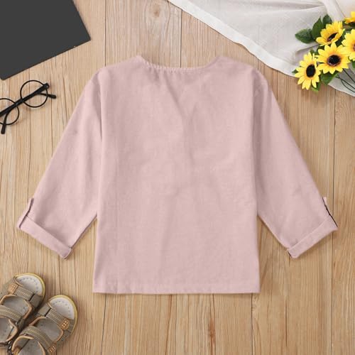 Girls Long Sleeve Henley Shirt Teen Button Down Cotton Linen Blouse Plain V Neck Shirts Loose Casual School Tops2