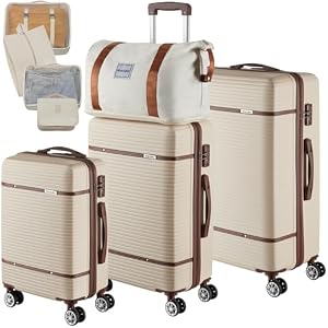 tectake® 13-delige kofferset, Robuuste ABS rolkoffers, 360° draaibare wielen, TSA-cijferslot, Telescopische handgreep, Reiskoffer, Handbagage koffer, Beautycase, Grote toilettas, Reistas, Creme