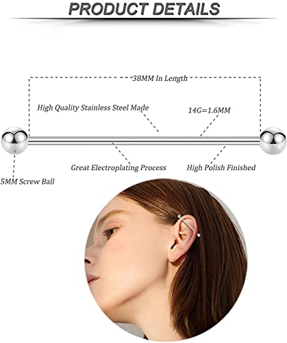 Incaton 14G Industrial Barbell Surgical Steel Cartilage Earrings Cz Industrial Earring Crystal Ferido Industrail Piercing 1 1/2"(38Mm) Bar Length #TOP1