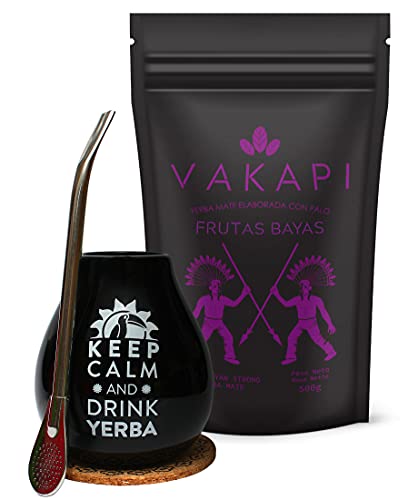 Vakapi Yerba Mate Green Set, FRUTAS BAYAS 500 g, Schwarzer Mate-Becher 350 ml mit Bombilla, Mate Tee mit Hagebutte, Teebecher, 700 g Cover