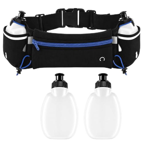 Image of BREEZENEST Waterproof Running Hydration Belt with 2 Water Bottles, Adjustable Waist Pack for Running, Hiking & Cycling, Zipper Pouch for Phone, Keys & Essentials, Reflective Sports Waist Bag (Blue)