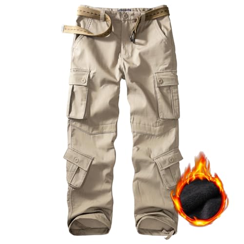 Men's Fleece Lined Cargo Pants Winter Camo Tactical Pants Waterproof Thermal Hiking Pants Insulated Work Pants No Belt